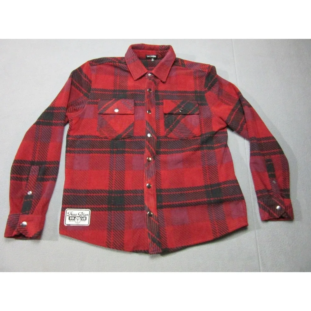 True Religion Shacket Mens Large Red Plaid Polar Fleece Thermal Snap Jacket